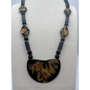 Vintage Black Wooden Lacquer Hand Painted Asian Dragon Abstract Japan Necklace